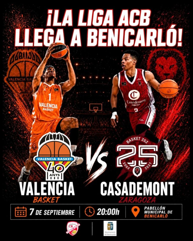 Lee más sobre el artículo EL VALENCIA BASKET Y EL CASADEMONT ZARAGOZA JUGARÁN UN PARTIDO AMISTOSO EN EL PABELLÓN DE BENICARLÓ